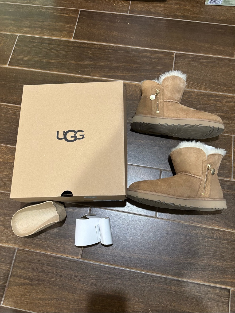 UGG Chestnut Suede Short Shearling Boots with Zip